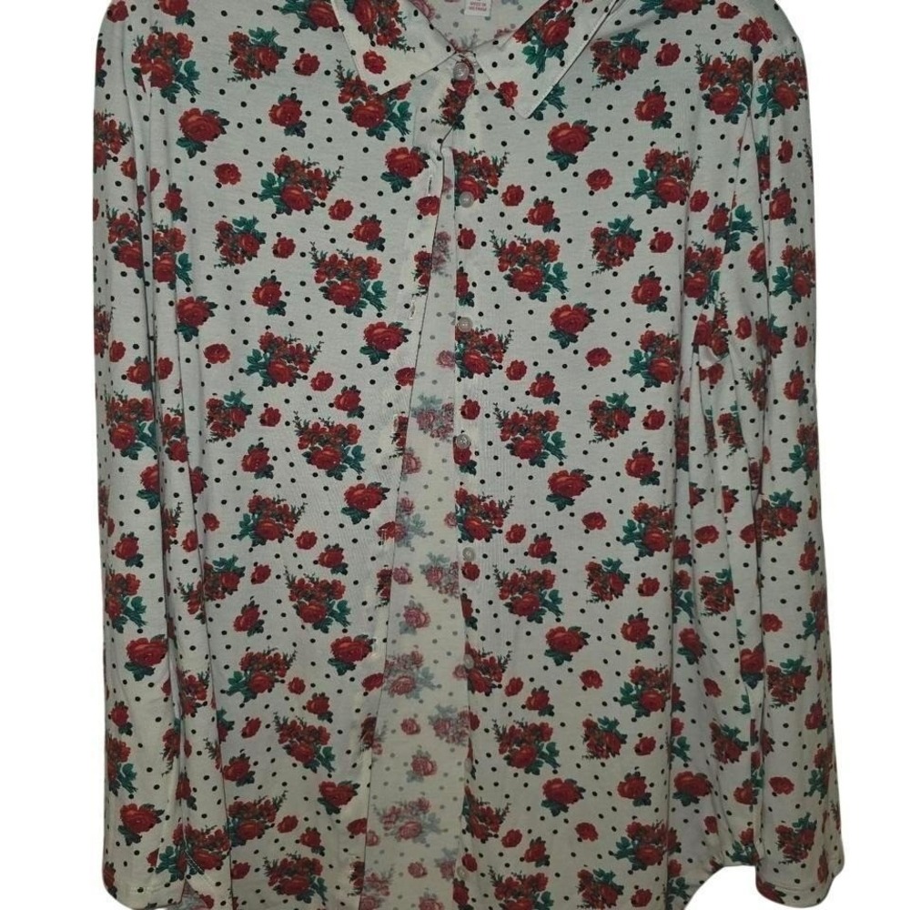 Floral Polka Dot Button Down Long Sleeve Shirt White Red Rose Print Women Top